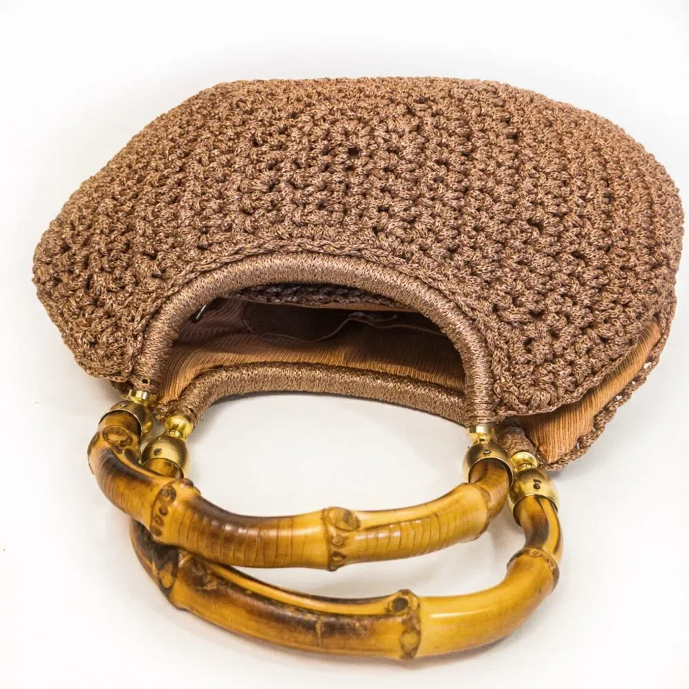 Vintage Brandeis Brown Macrame Clamshell Handbag Bamboo Handles - Picture 11 of 13